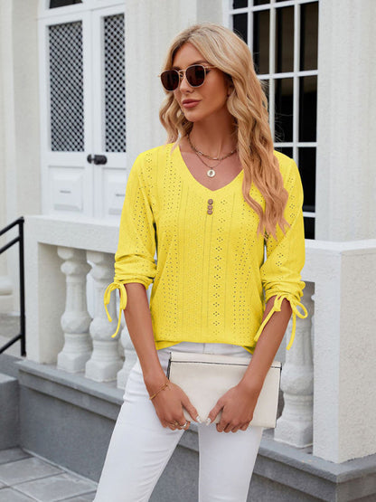 V-Neck Three Quarter Sleeve Button Top Viscose Women's Loose Blouse