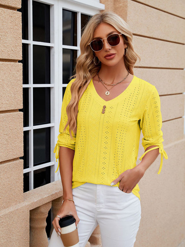 V-Neck Three Quarter Sleeve Button Top Viscose Women's Loose Blouse