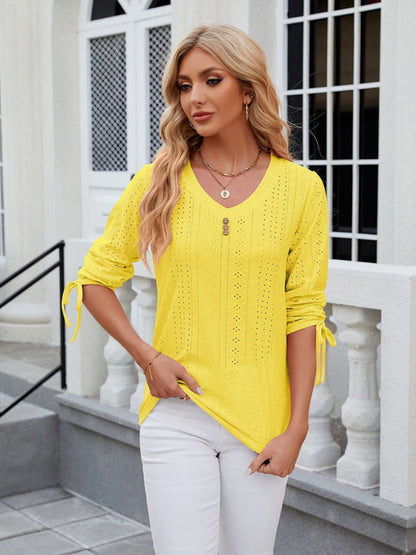 V-Neck Three Quarter Sleeve Button Top Viscose Women's Loose Blouse