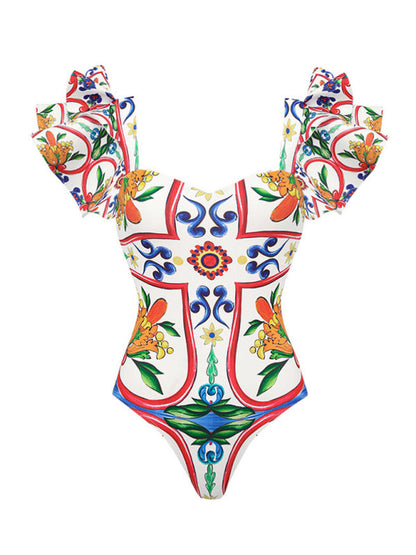 Women's new ruffled enamel print beach vacation one-piece swimsuit