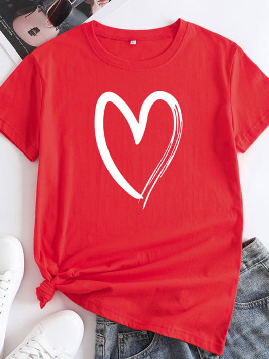Cotton Heart Print T-Shirt Short Sleeve Women's Casual Top