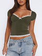 Women's Lace Hem Bow Short Sleeve T-Shirt - Feminine Spring Summer Top