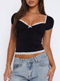 Women's Lace Hem Bow Short Sleeve T-Shirt - Feminine Spring Summer Top