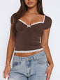 Women's Lace Hem Bow Short Sleeve T-Shirt - Feminine Spring Summer Top