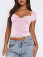 Women's Lace Hem Bow Short Sleeve T-Shirt - Feminine Spring Summer Top
