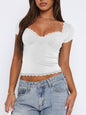 Women's Lace Hem Bow Short Sleeve T-Shirt - Feminine Spring Summer Top