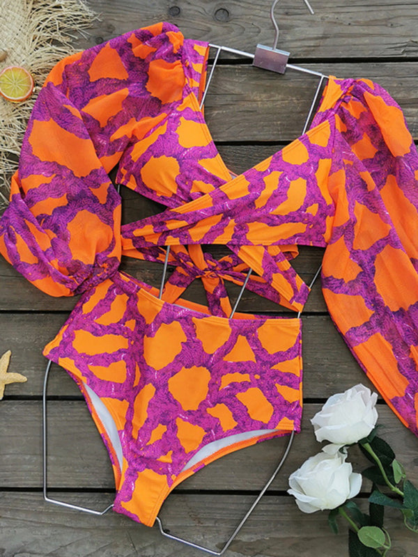 Modern Fashion Sexy Printed Vacation Long Sleeve Bikini Set