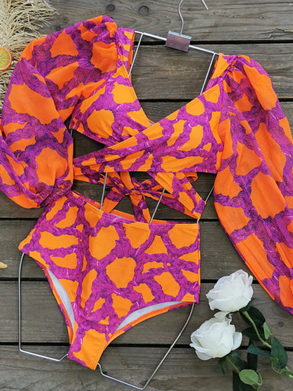 Modern stylish and sexy printed vacation long-sleeved bikini three-piece set (top + pants + skirt)