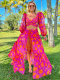 Modern stylish and sexy printed vacation long-sleeved bikini three-piece set (top + pants + skirt)