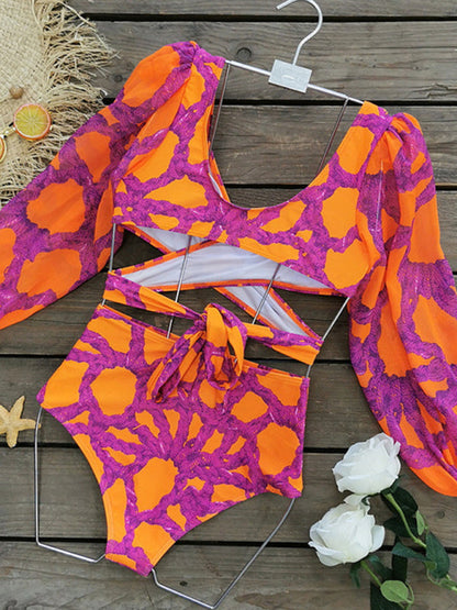 Modern stylish and sexy printed vacation long-sleeved bikini three-piece set (top + pants + skirt)