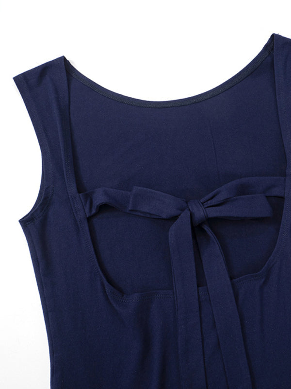 Women's Round Neck Slim Fit Backless Patchwork Top - Stylish Pullover