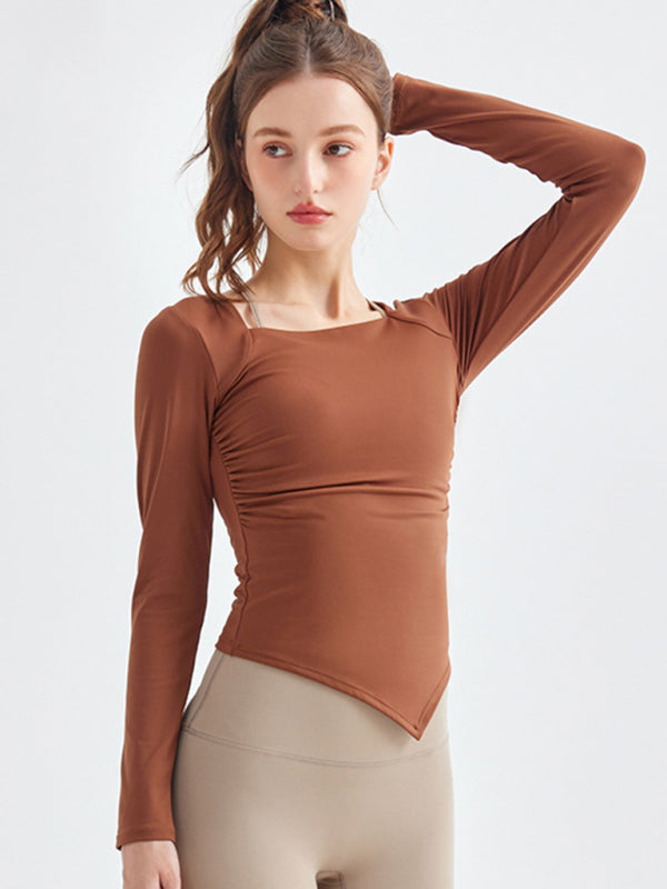 Women's Square Collar Irregular Hem Long Sleeve Quick-Dry Sports Top