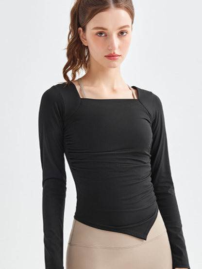 Women's Square Collar Irregular Hem Long Sleeve Quick-Dry Sports Top