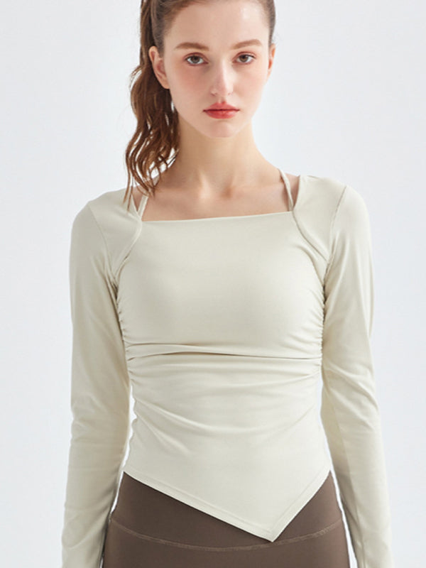 Women's Square Collar Irregular Hem Long Sleeve Quick-Dry Sports Top