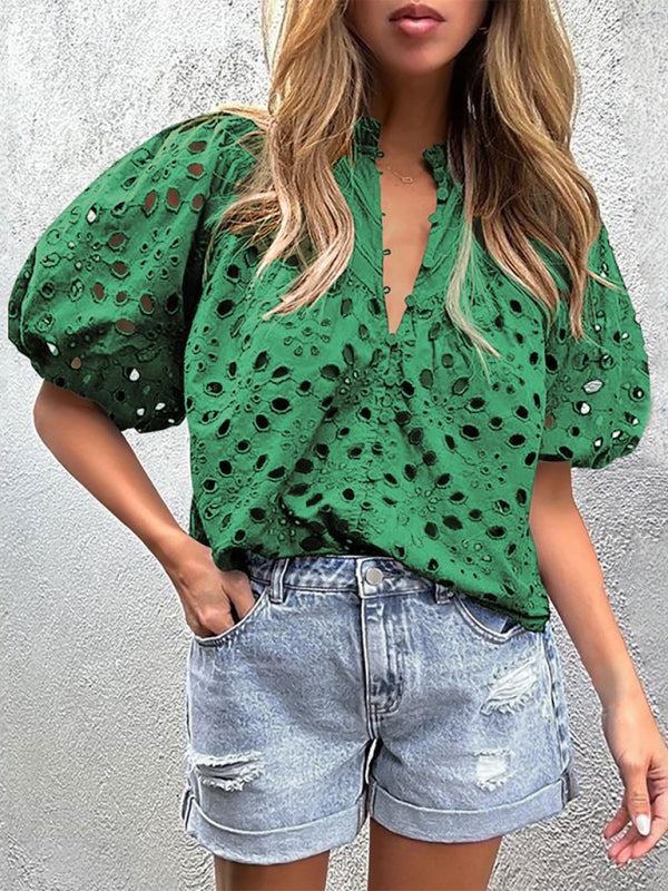 Puff Sleeve Embroidered Shirt - Romantic Style Blouse for Women