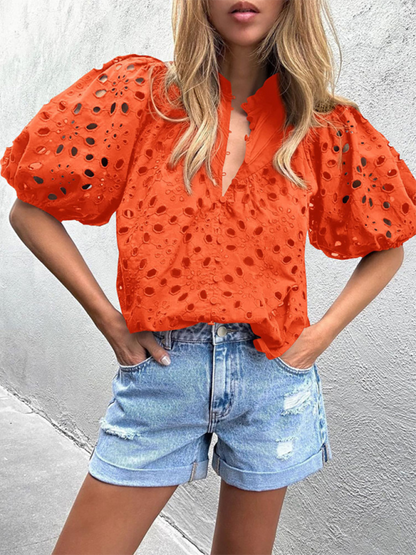 Puff Sleeve Embroidered Shirt - Romantic Style Blouse for Women