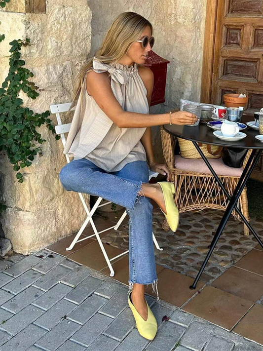 Ruffle Collar Striped Top - Casual Loose Sleeveless Blouse for Women
