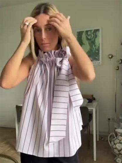 Ruffle Collar Striped Top - Casual Loose Sleeveless Blouse for Women