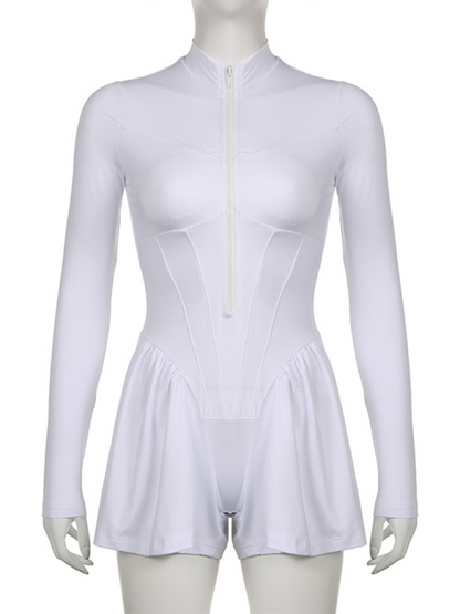 Women's Solid Color Casual Sportswear Zipper Wide-Leg Jumpsuit Shorts