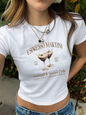 Wine Glass Print Baby Tee - Crop Top Short Sleeve T-Shirt