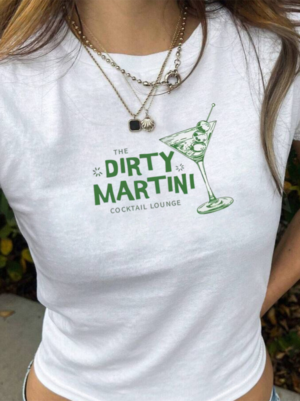 Wine Glass Print Baby Tee - Crop Top Short Sleeve T-Shirt