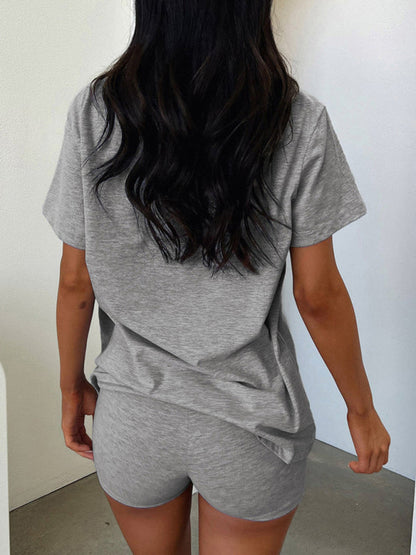 Y2K Sports Set Two-Piece | V-Neck T-Shirt & Hip-Lifting Pants | Pink & Gray