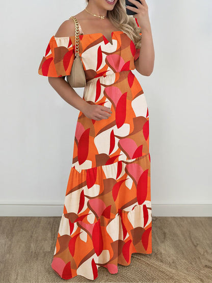 One Shoulder High Waist Contrast Color Dress - Orange Summer Dress