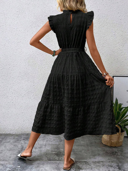 Ruffled Flying Sleeve Lace-Up Textured Dress - Spring Summer Fashion