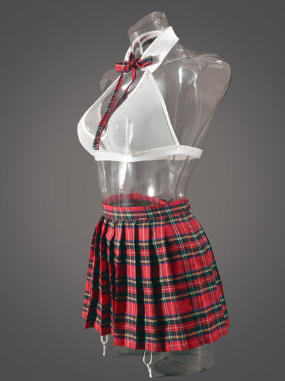 Role Play Plaid Pleated Skirt Sexy Lingerie Multi-Piece Set
