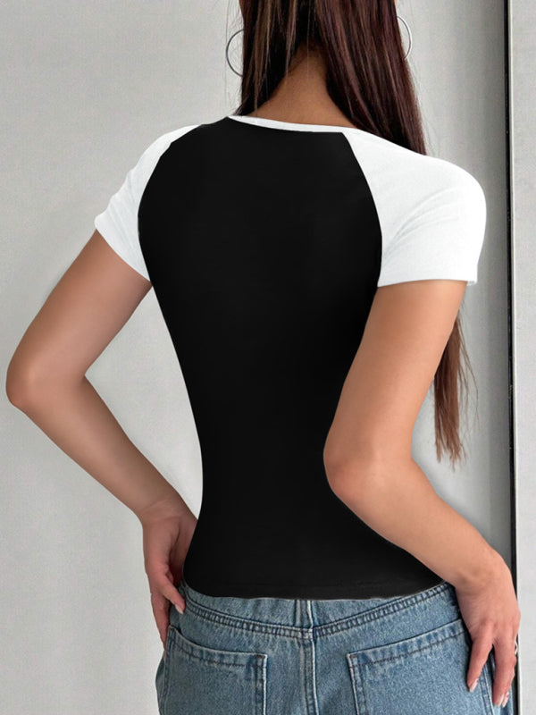 Women's Y2K Slim Fit U-Neck Contrast Short Sleeve Top - Retro Style