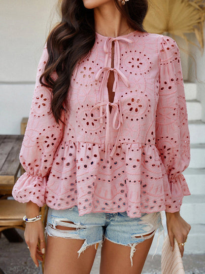 Lace-Up Cardigan with Hollow Details - Loose Vacation Top for Women