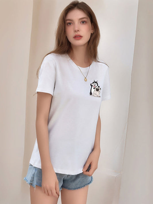Loose round neck cute dog cartoon print T-shirt