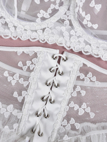 Embroidered lace-up waist-slimming multi-layered mesh skirt underwear set