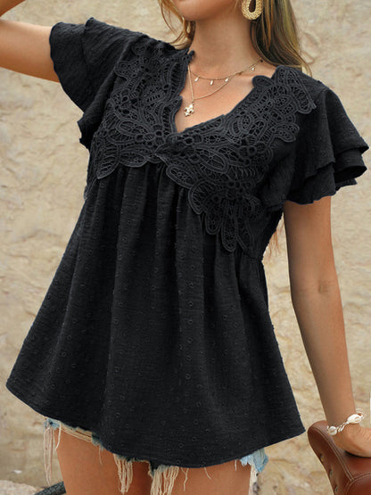 Polka Dot V-Neck Top - Casual Loose Holiday Style Jacquard Blouse