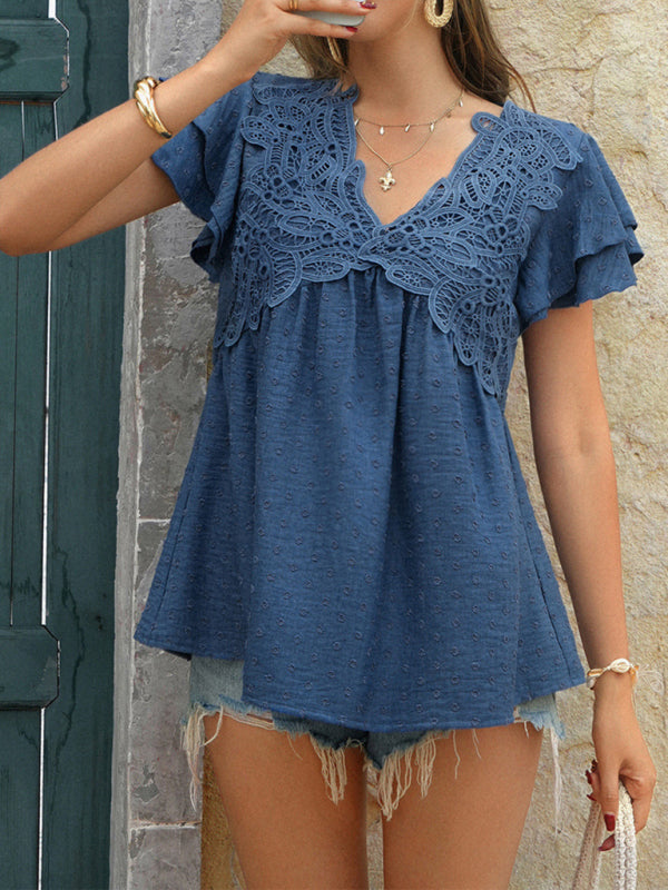 Polka Dot V-Neck Top - Casual Loose Holiday Style Jacquard Blouse