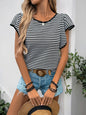 Women's Black White Striped Round Neck T-Shirt - Classic Short Sleeve Top