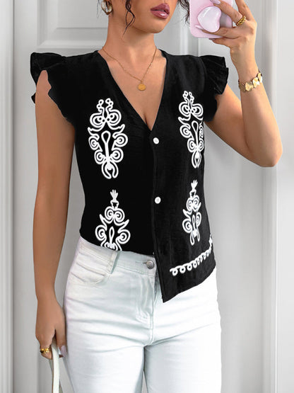 Ethnic Print V-Neck Cardigan - Flutter Sleeve Vest Top for Women
