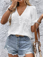 V-Neck Button Down Shirt - Pleated Solid Color Blouse for Women