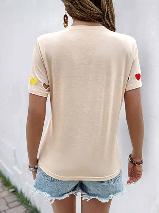 Women's Heart Embroidered Hollow Short Sleeve T-Shirt - Sweet Casual Style