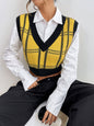 Checked V-Neck Vest - Knitted Sleeveless Sweater