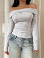 Grey Off Shoulder T-Shirt - Slim Fit Long Sleeve Knit Top