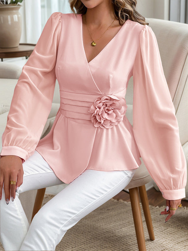 Waist V-neck 3D floral shirt