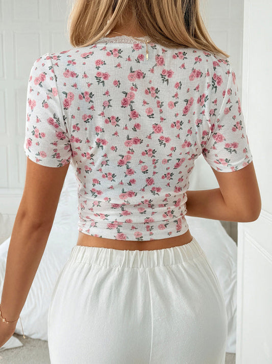 Floral Lace Short Sleeve T-Shirt - Y2K Hot Girl Style
