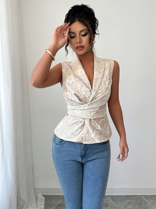 Deep V Drawstring Tank Top - Woven Polyester Spring Summer
