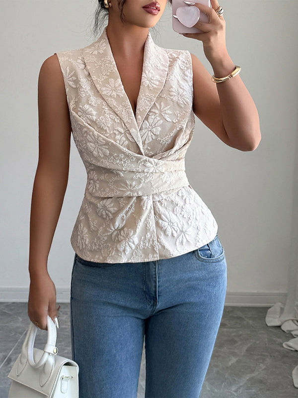 Deep V Drawstring Tank Top - Woven Polyester Spring Summer