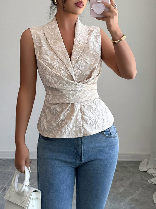Deep V Drawstring Tank Top - Woven Polyester Spring Summer