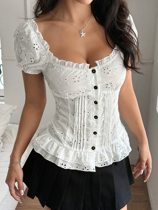 Hollow Short Sleeve T-Shirt - Woven Polyester Spring Summer Top