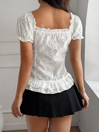 Hollow Short Sleeve T-Shirt - Woven Polyester Spring Summer Top