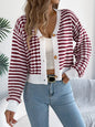 Striped Lantern Sleeve Cardigan Sweater - Long Sleeve Knit