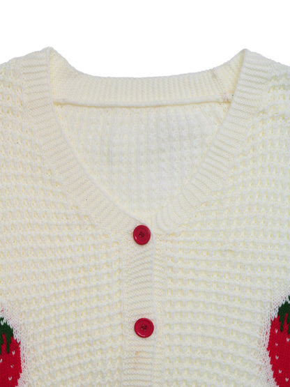 Strawberry Jacquard Knitted Cardigan - Casual Sweater